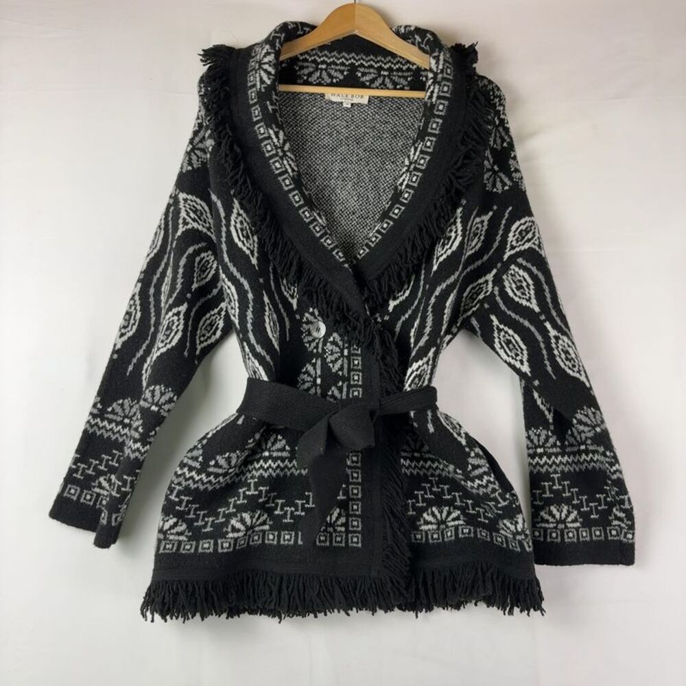 Hale Bob Black Patterned Fringe Wrap Cardigan